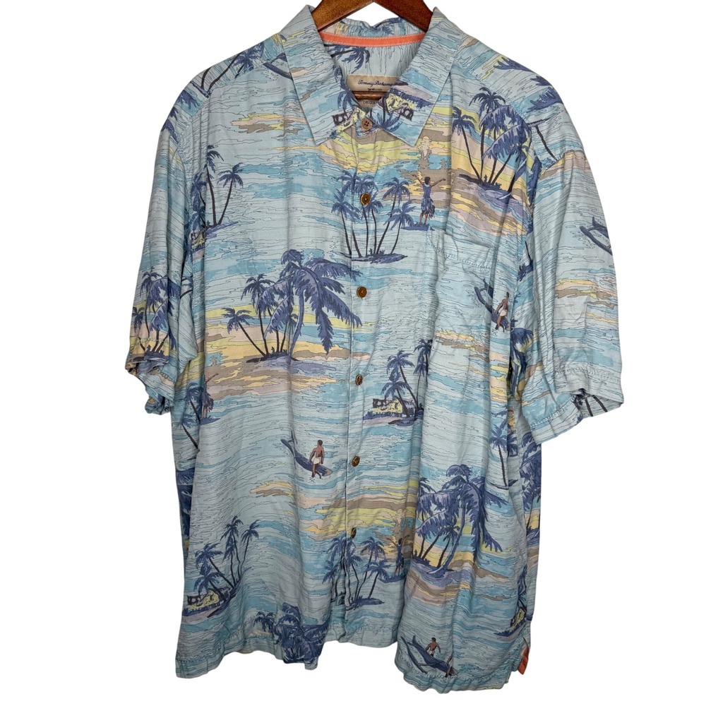 Tommy Bahama Hawaiian Shirt Men's Tropical Beach‎ Scene Print Silk Sz 3XL